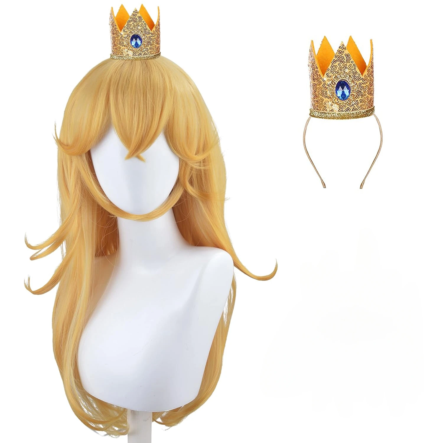 Goldene Prinzessin Perücke aus blonden langen gewellten Halloween-Pfirsich-Cosplay-Perücke, Kostüm-Party-Perücken