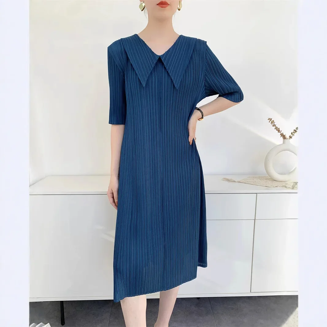 SXZ Miyake 2025 Summer Temperament Elegant Premium Feeling Doll Face Pleated Dress Women Mid-Length Loose Women Clothing