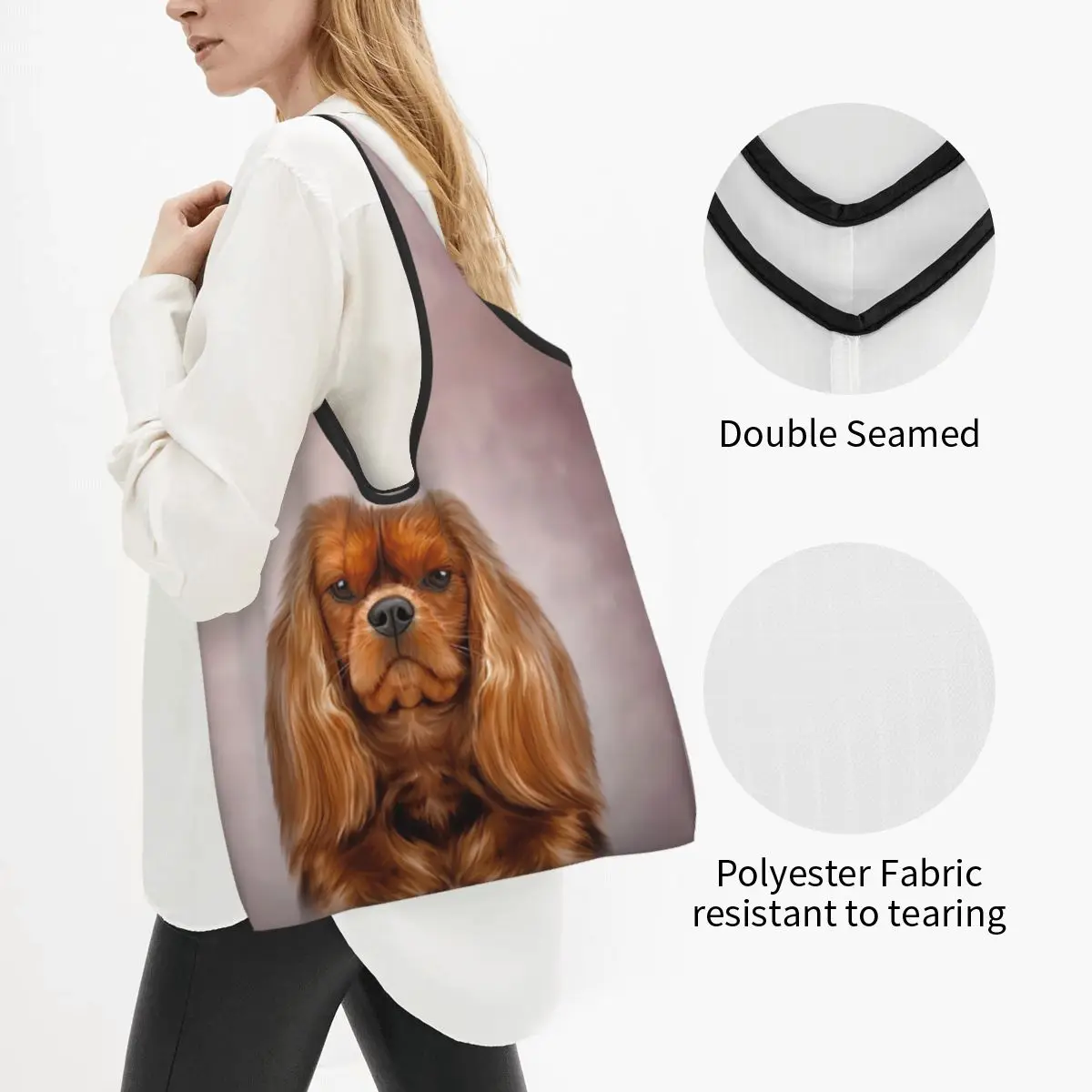 Drawing Dog Cavalier King Charles Spaniel Portable Tote Shopping Bags Reusable Shopper Bag Grocery Handbag Shoulder Bag