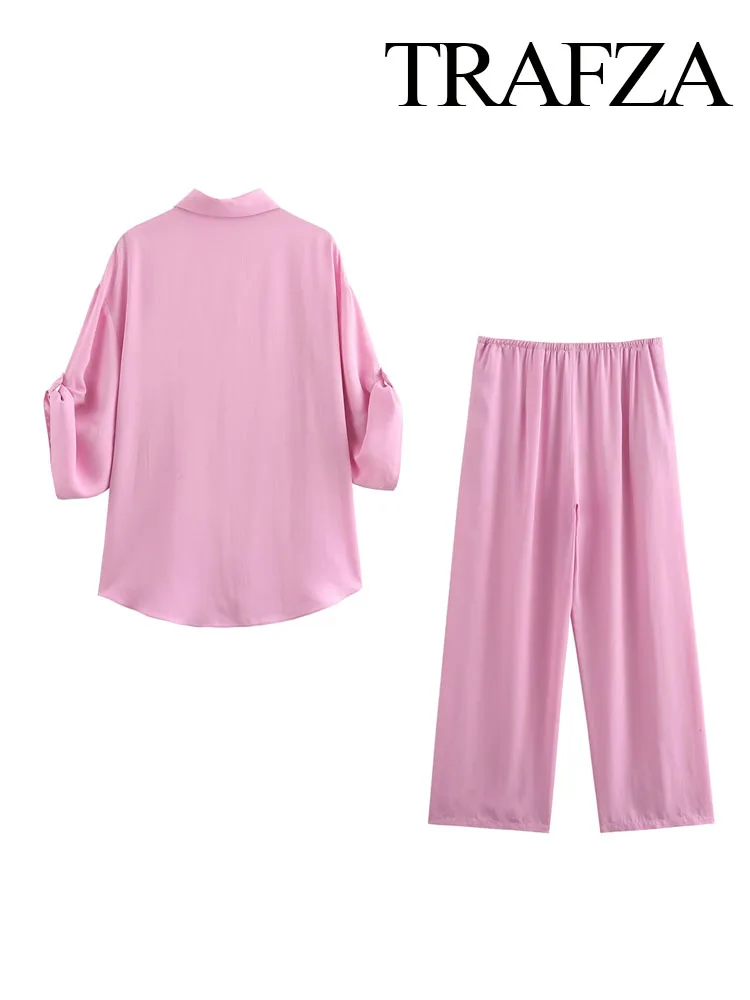 TRAFZA Women Fashion Suits Pink Turn Down Coller Half Sleeves Single Breasted Shirts+Mid-Waist Lace-Up Wide Leg Pants Female Set