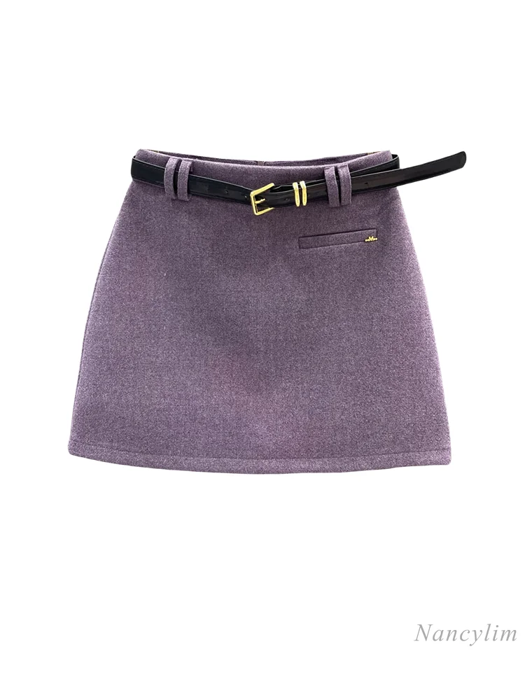 Purple Woolen Short Skirt Women's 2024 Autumn and Winter New Versatile High-waisted Thin Hip Skirt Anti-light A-shaped Jupe