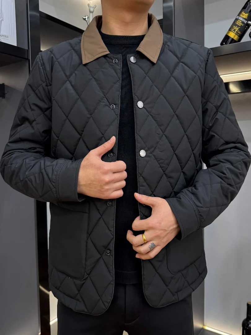 

Faionable Diamond Patterned Slim Fit Cotton Jaet for Men Winter Outerwear Sli Collared Lightweight Versatile Coat