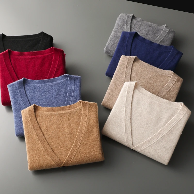 Men's 100% Cashmere Cardigan Autumn Winter Classics V-neck Sweater Long Sleeve Knitwear Casual Solid Male Cashmere Shirt Tops