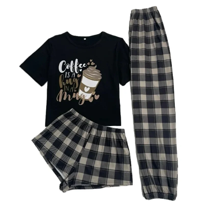 2024 Women\'s Cartoon Milk Silk Loungewear Thin Plaid Shorts Trousers Three-piece Set Pajama Women\'s Black 3pcs Pijama Elastic Pj