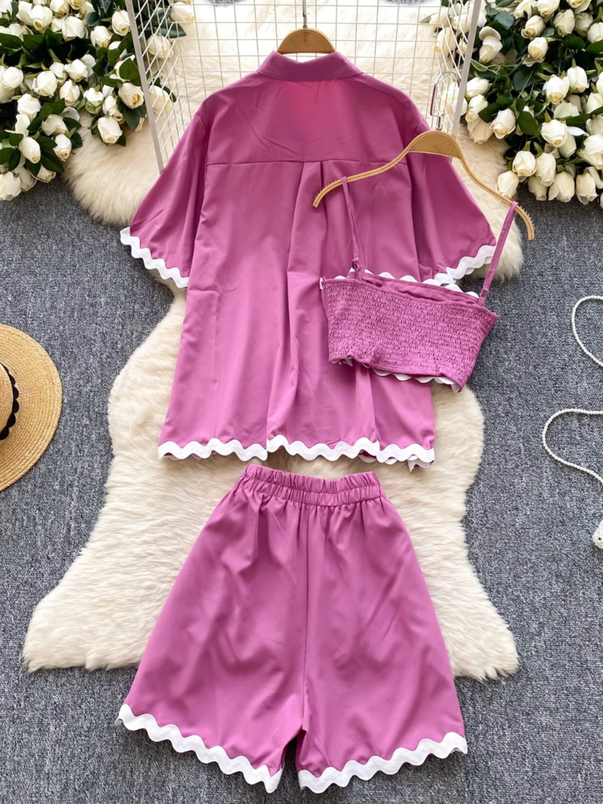 Set atasan dan celana Korea Sle Ne, model tube top untuk wanita, busana musim panas, potongan longgar, pinggang lebar, celana panjang, tampilan feminin.