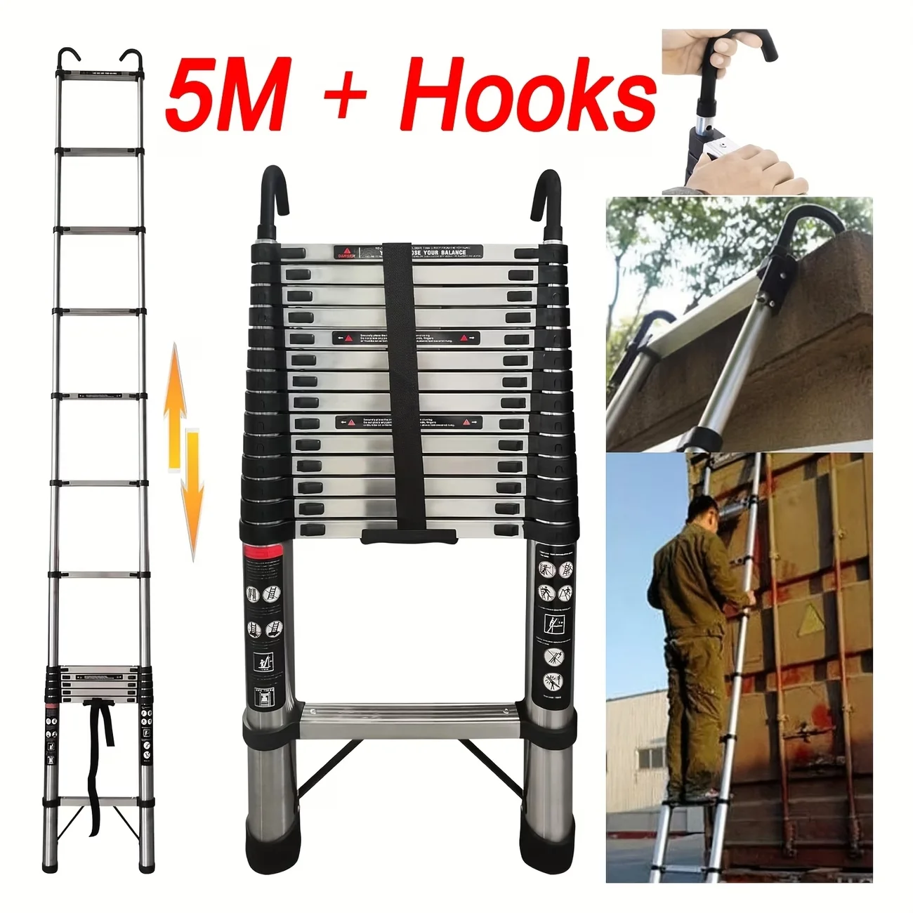 Scala Telescopica 2.6M-5.1M Scala Estensibile in Acciaio Inox Portatile Standard EN131 con...