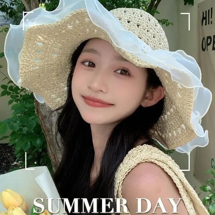 Women 100 Cotton Solid Color Pearl Decor Wide Brim Lace Ruffle Straw Sun Hat Uv Protection Breathable Summer Beach Vacation Hat