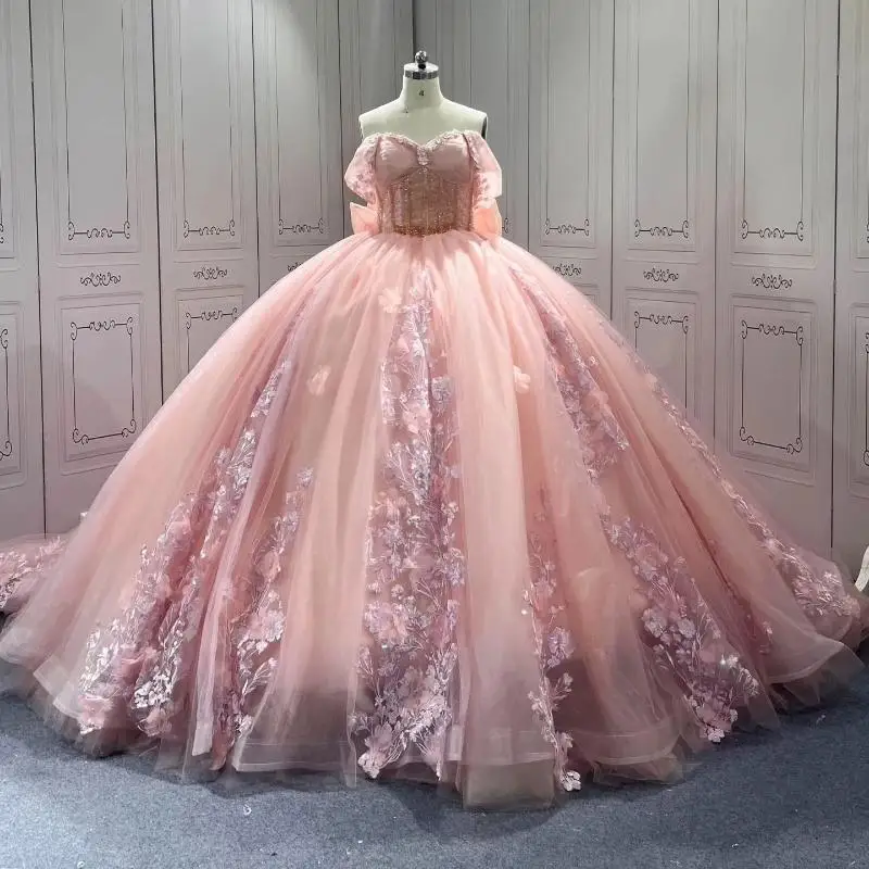 Pink Shiny Quinceanera Dresses Beading Applique Lace Flower Tull Bow Vestidos De 15 Anos Birthday Party Princess Sweet 16 Dress