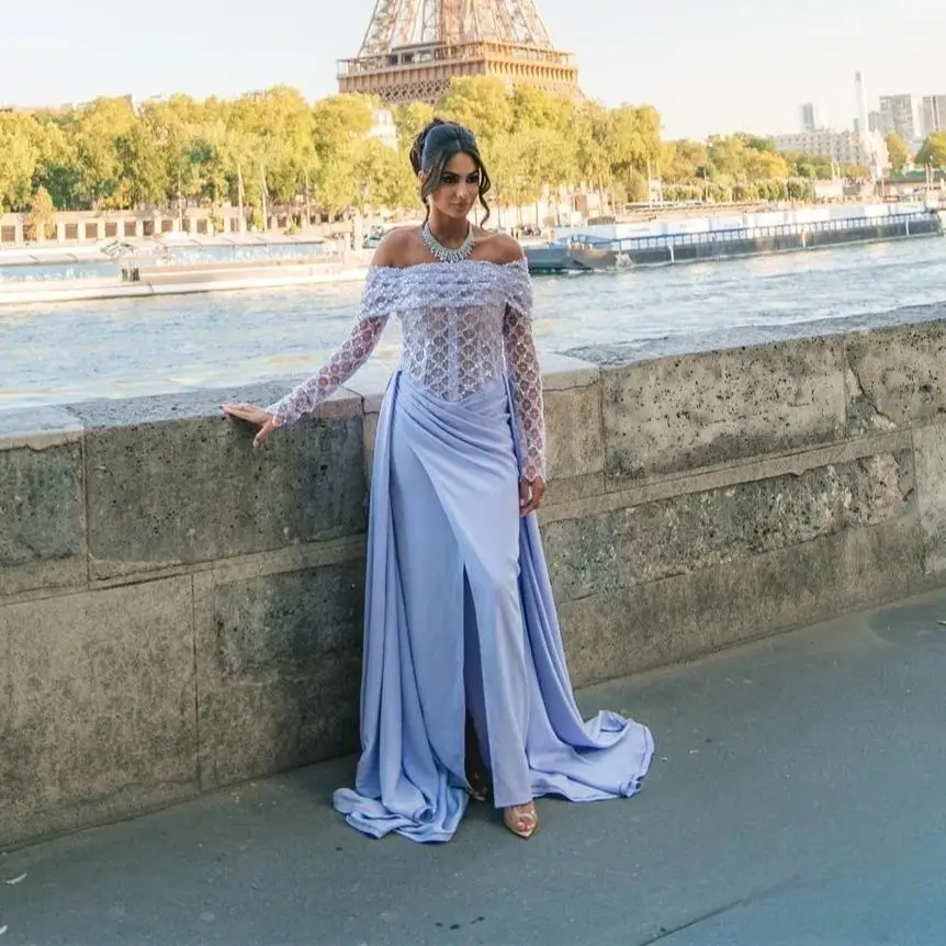 Vestidos de Fiesta de satén con abertura, elegantes vestidos de noche formales de manga larga con hombros descubiertos, longitud hasta el suelo