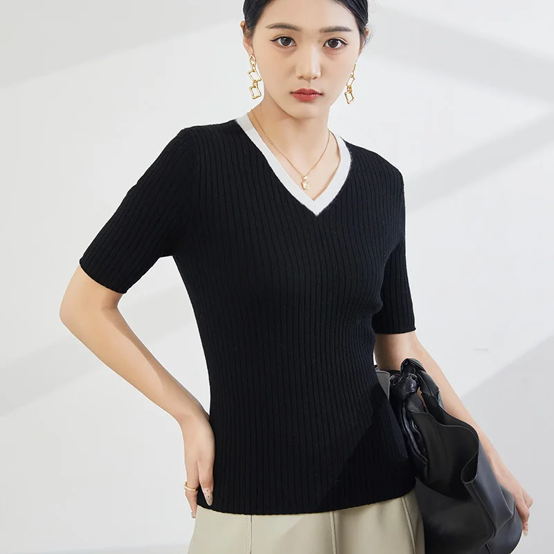Spring and Summer New Worsted 100% Pure Wool Knitted T-Shirt Ladies V-Neck Contrast Short-Sleeved Shirts Slim High-End Thin Tops