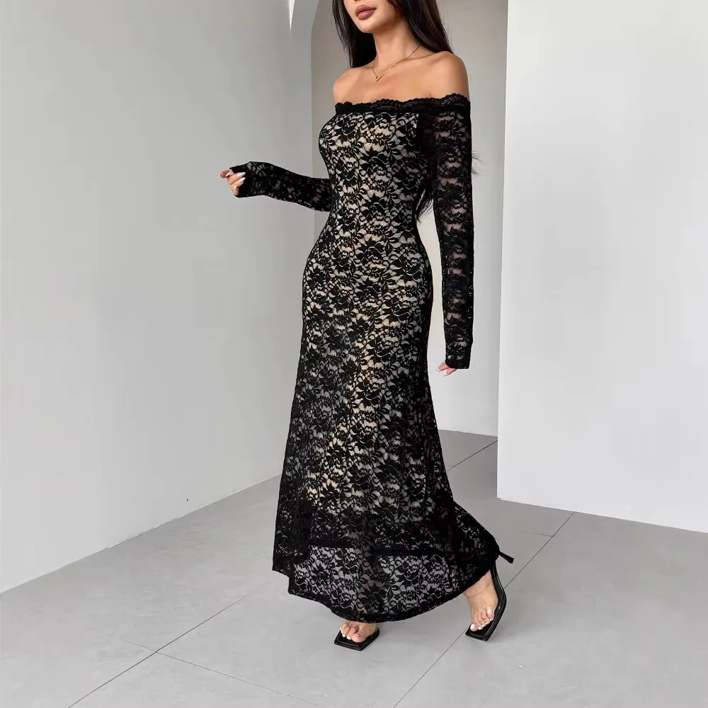 Autumn Winter Off Shoulder Lace Spliced Maxi Dress Women Long Sleeve Slim Romantic Dress Dating Party Outfit