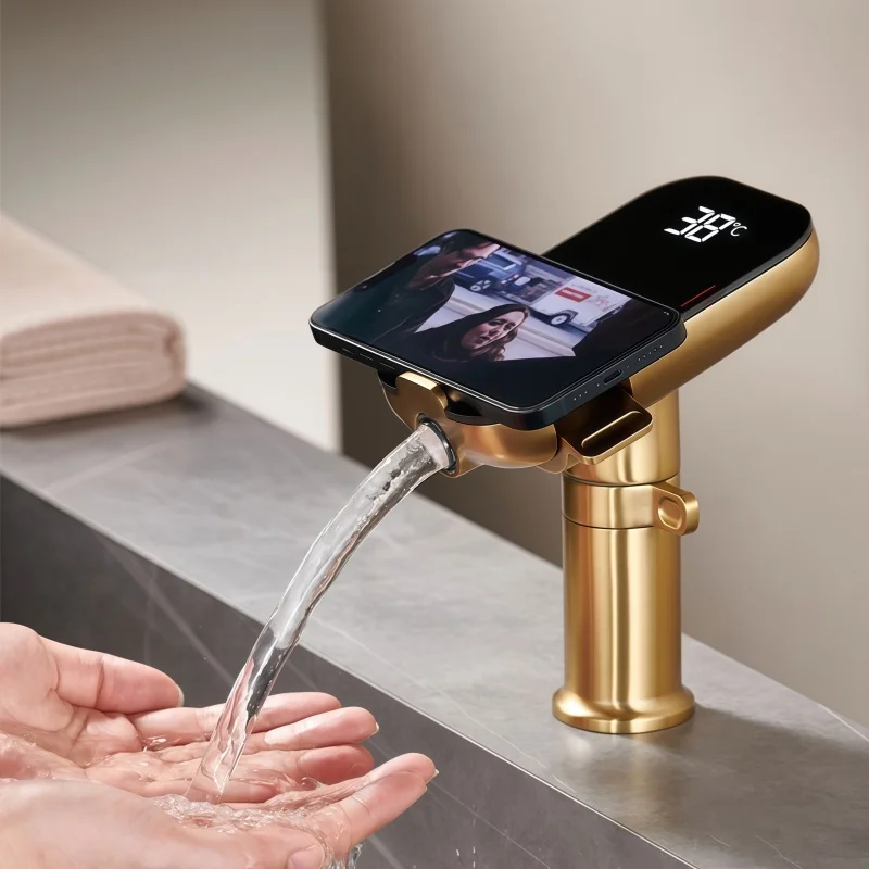 Smart Digital Display Basin Faucet Brass Bathroom Washbasin LED Hot and Cold Dual-Use Faucet