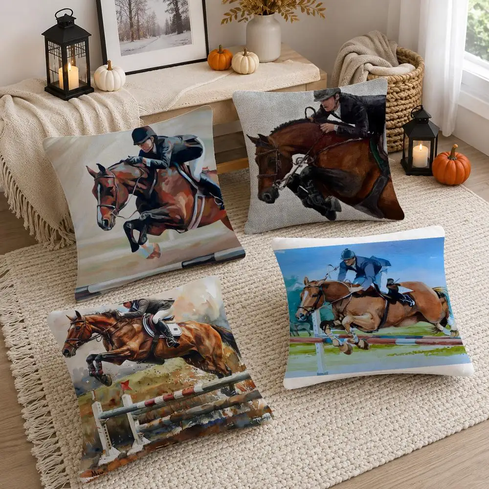 Art Rider Horse Painting Cushion Cover Soft Fluffy Short Plush  Pillow Case  Sofa Bed Home Decor
