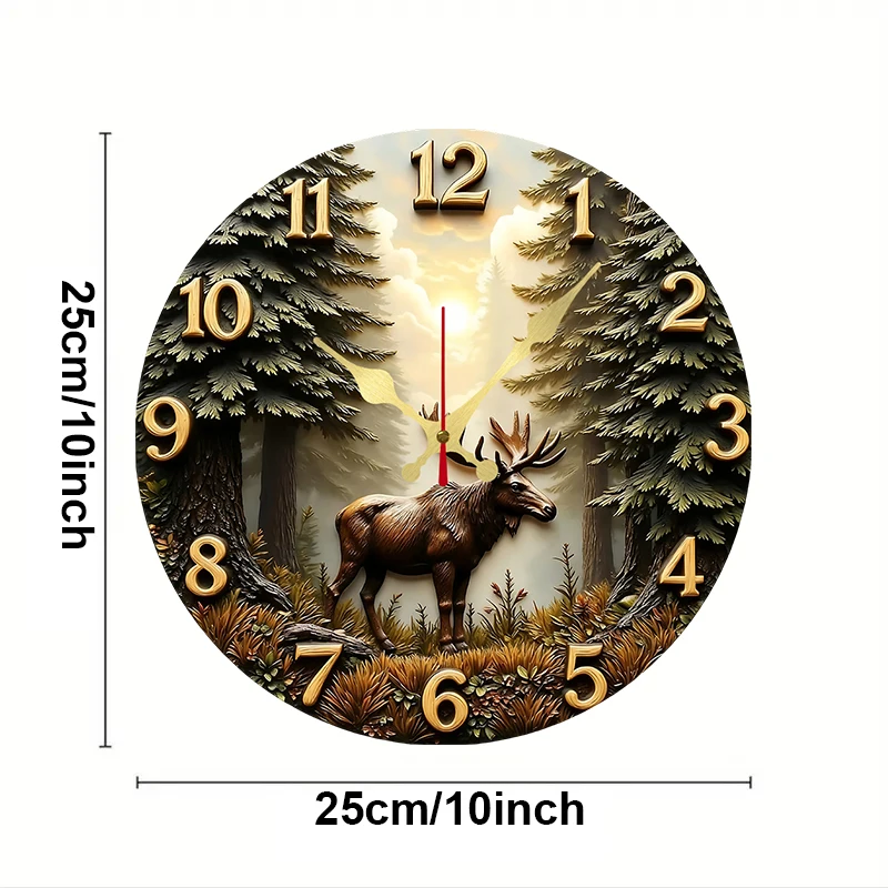 Moose & Deer Wooden Round Silent Hanging Wall Clock, Suitable For Living Room, Office, Study Room, Bedroom, Home Decoration