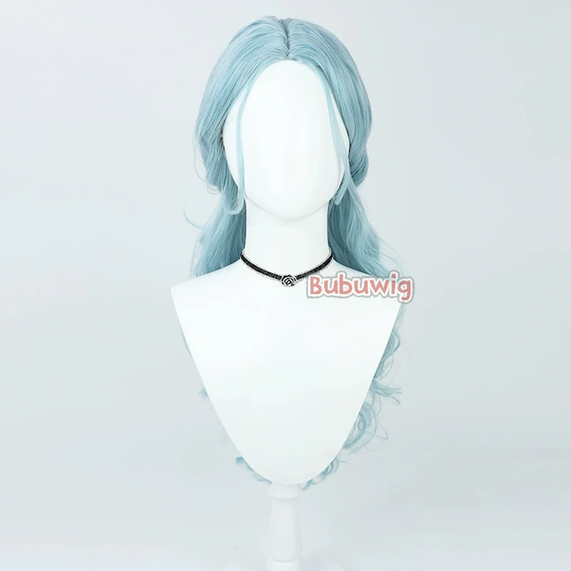 Rambut sintetis Bubuwig Hinomori Shizuku wig Cosplay proyek Sekai: kaus panggung warna-warni. Wig biru muda bergelombang 72cm tahan panas