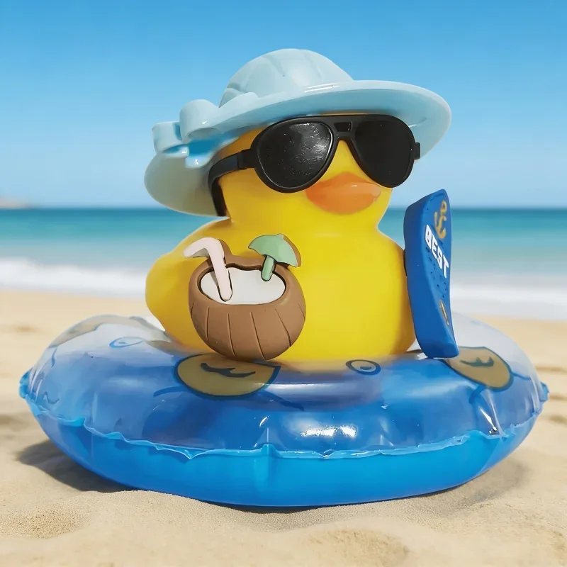 1 pieza Adorno para salpicadero de coche, Pato de goma amarillo de verano con sombrero de coco y patineta, decoración linda para coche, para BMW KIA Audi
