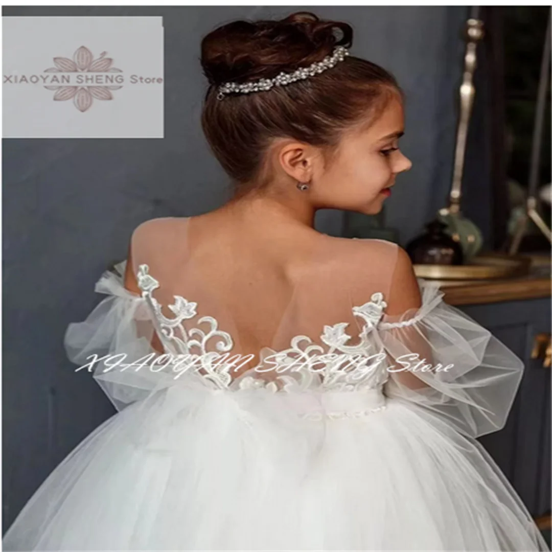 Vestido de niña de flores blanco para boda elegante encaje tul apliques sin mangas cuello redondo hinchado baile de cumpleaños vestido de primera comunión