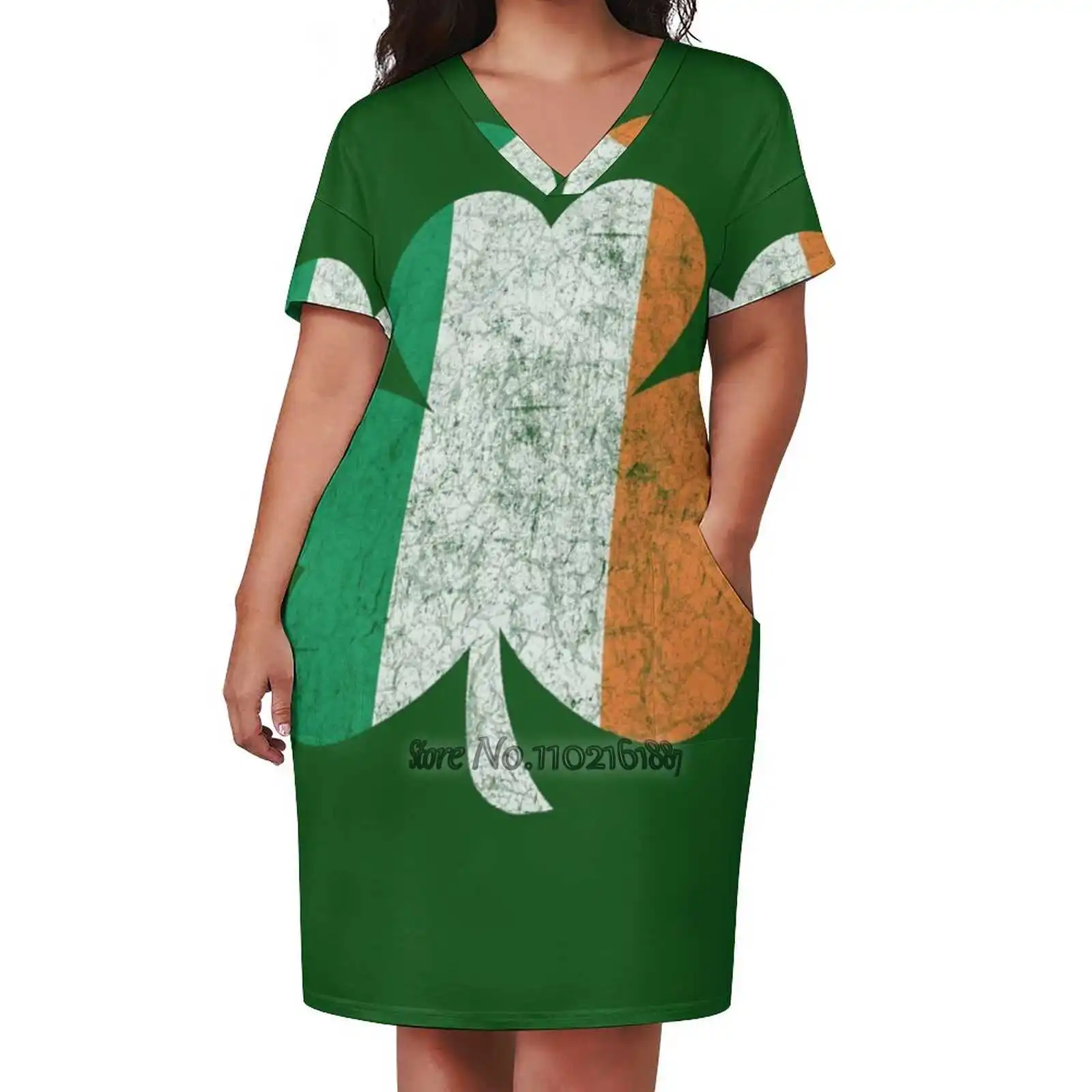 Vintage Irish Shamrock Saint Patrick Day V-Neck Short Sleeve Dress A-Line Skirt Women'S Clothing Office Lady Elegant Skirt