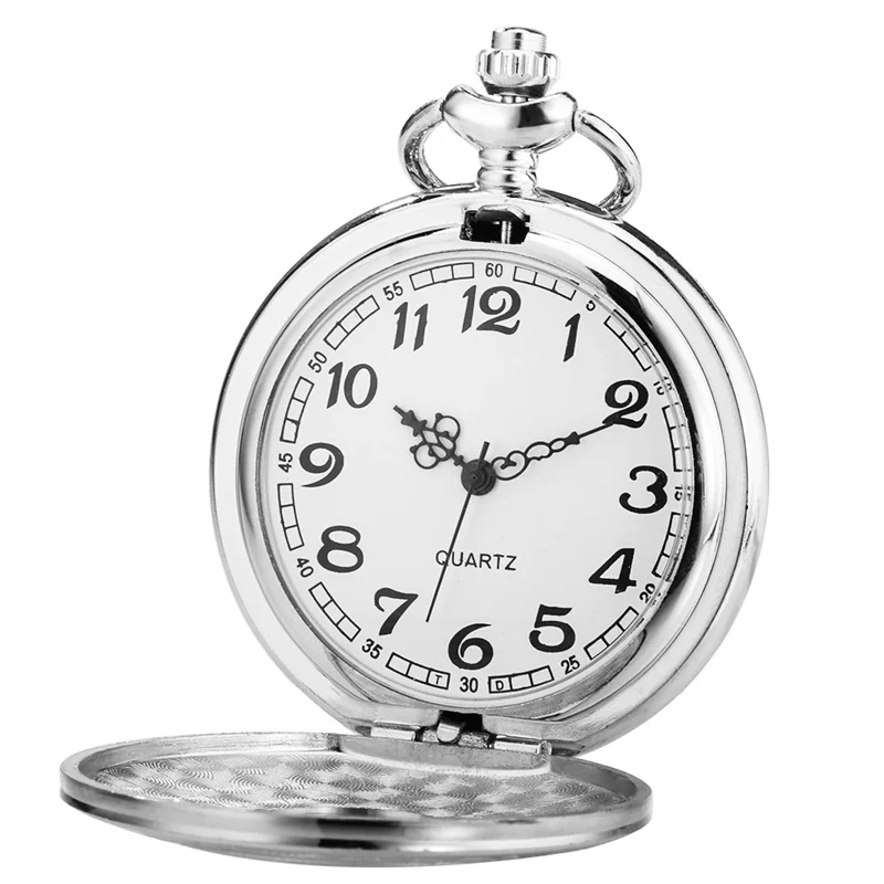 Silver Vintage Engraved Roman Numeral Cover Hollow-out Quartz Pocket Watch with Mini Charm Necklace Chain Clock for Men Women
