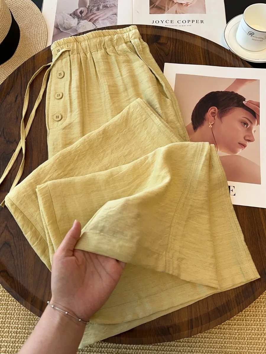 

Japanese Style Linen Yellow Lazy Wide Leg Pants Women's Summer New Loose Versatile Lightweight Breathable Casual Pants