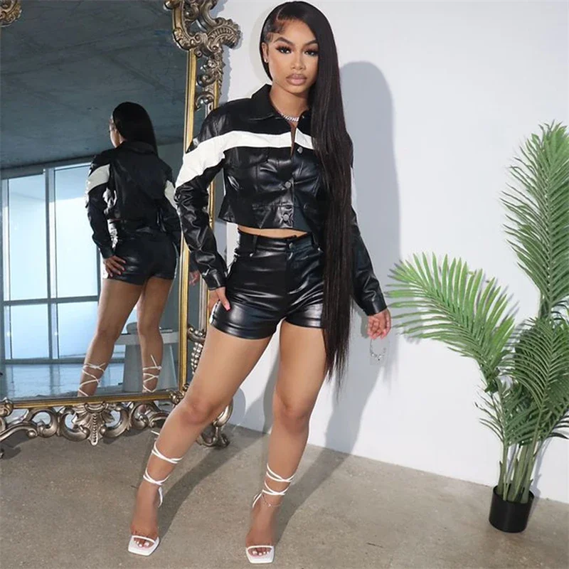 Color Patchwork PU Leather Two Piece Set Women Cargo Style Long Sleeve Cropped Jacket Top And Shorts Fashion Casual Suits