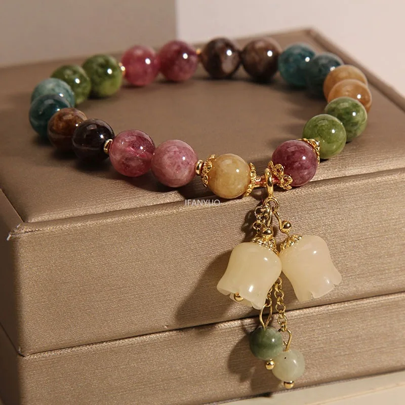 Pulseras de cristal de turmalina de Color Natural a la moda, colgante de orquídeas de lujo ligero para mujer, pulsera con cuentas, joyería para fiesta de cumpleaños