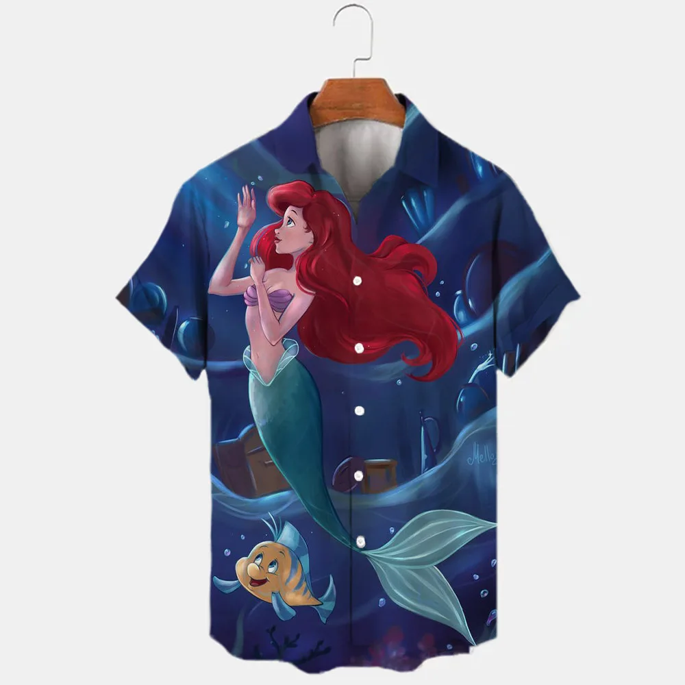 2024 New Disney Brand Ariel Mermaid Anime 3D Printing Men's Lapel Short Sleeve Shirt Fashion Casual Top Y2K