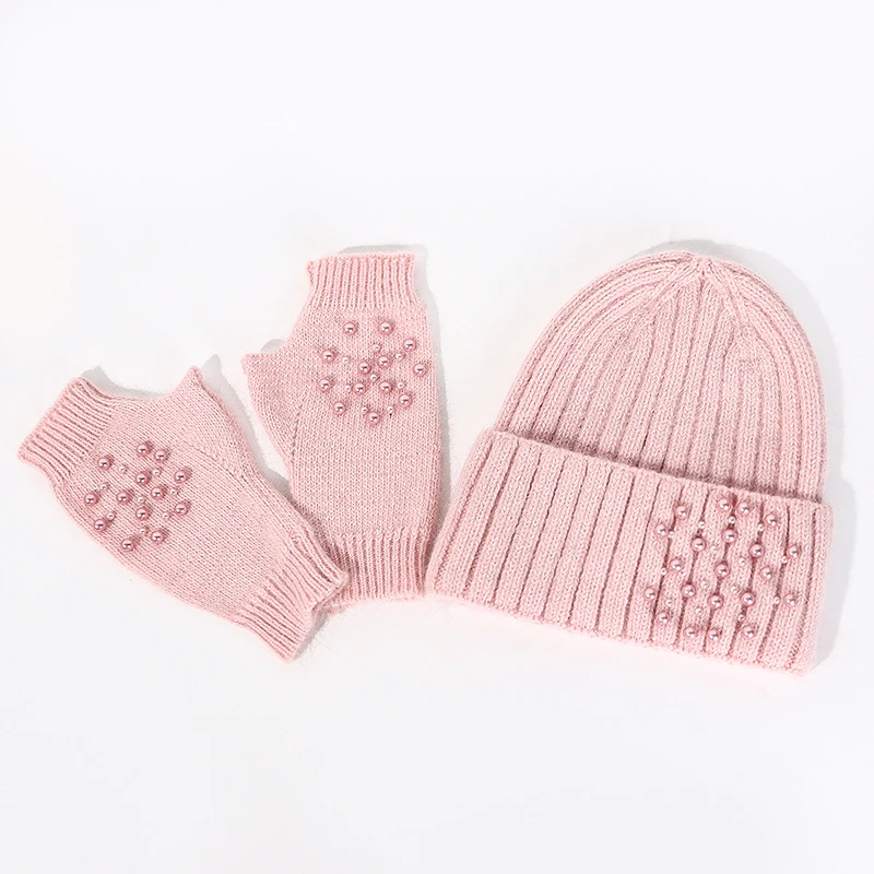 Hat Gloves Set Women Winter Beanie Angora Knit Pearls Warm Soft Skiing Accessory For Autumn Cold Weather Outdoors Sports