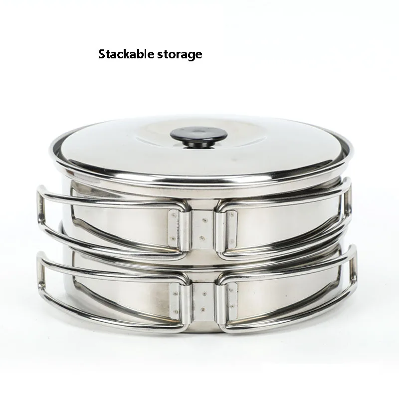 Stainless Steel Pot Camping Pot Cookware Kitchenware Stackable Storage with Storage Bag with Foldable Handle for 2-3-Person