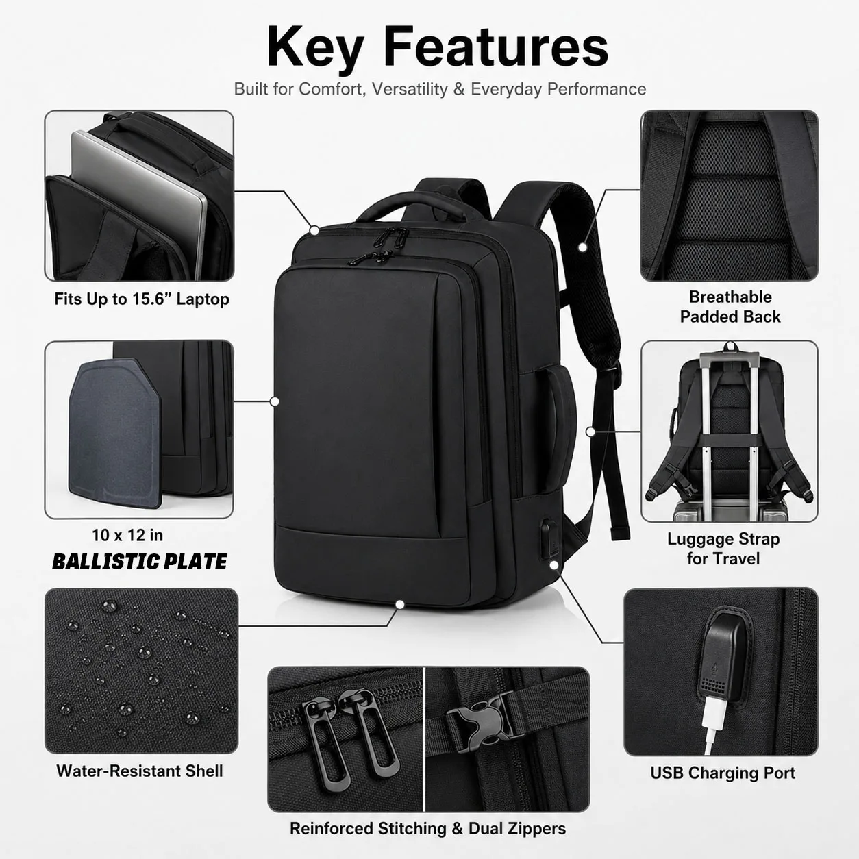 Business-style backpack | Compatible with ballistic plates | Plated leather (black) | Light water-repellent finish | Laptop backpack (20L capacity)