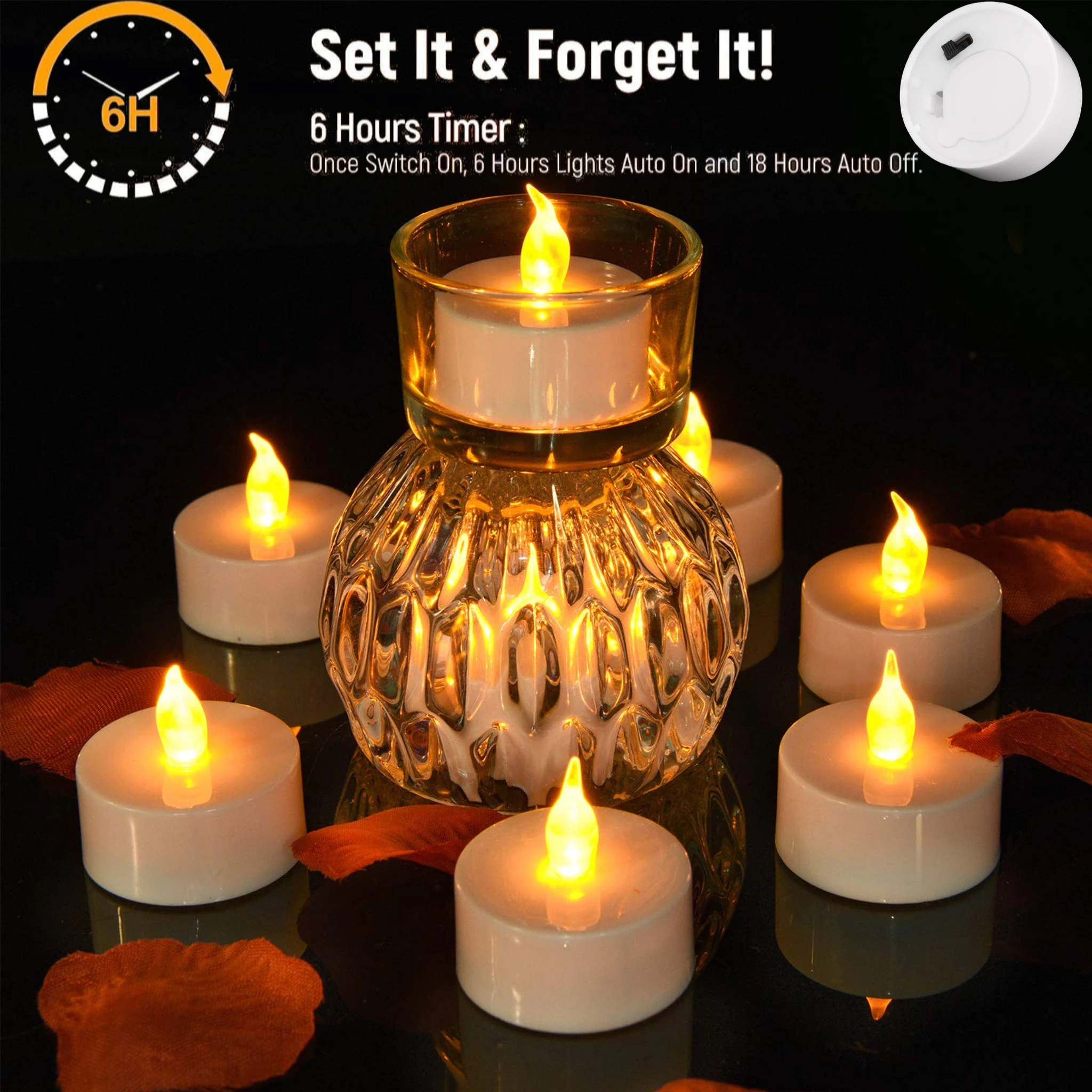 Flameless TeaLights Candles with Timer 6 Hours On and 18 Hours Off in 24 Hours Cycle Automatically Flickering LED Votive Candles