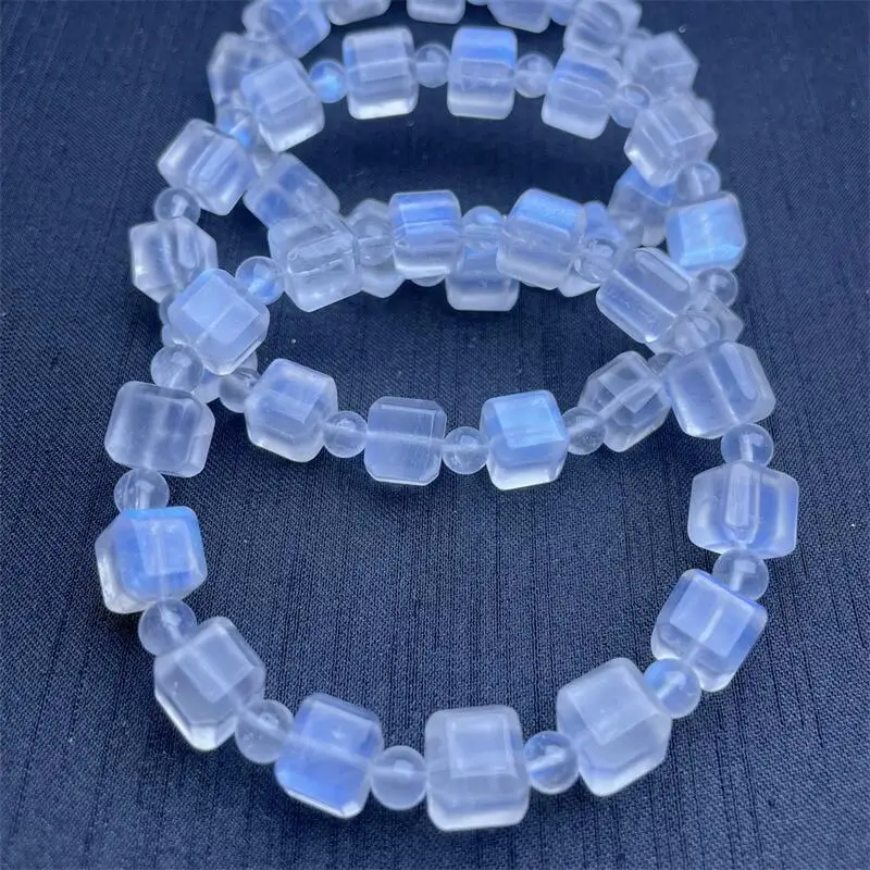 10MM Natural Blue Moon Stone Cube Bracelet Healing Visuddhi Chakra Stress Relief Reiki Yoga Energy Holiday Gifts 1PCS