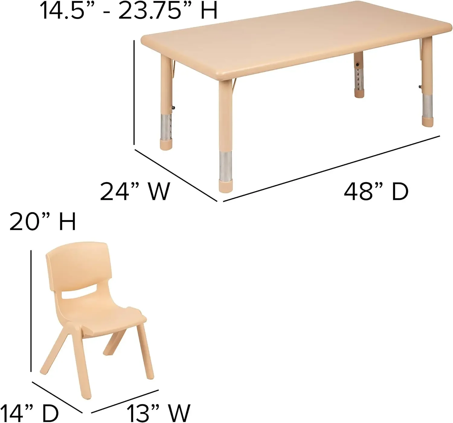 Adjustable Classroom Activity Table with 6 Stackable Chairs, Rectangular Plastic Activity Table for Kids, 24" W x 48" L, Natural