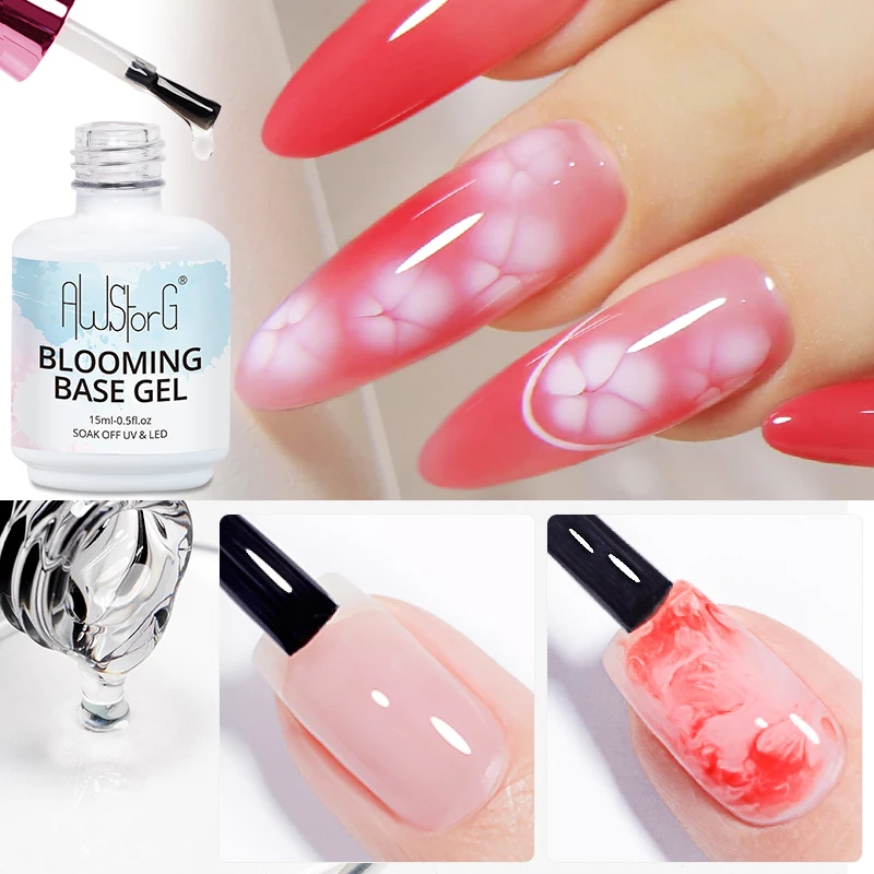 AWstorG15ML Clear 2 In 1 Blooming Base Gel Nail Polish Semi Permanent UV Spreading Effect Marble Nail Polish Watercolor Manicure