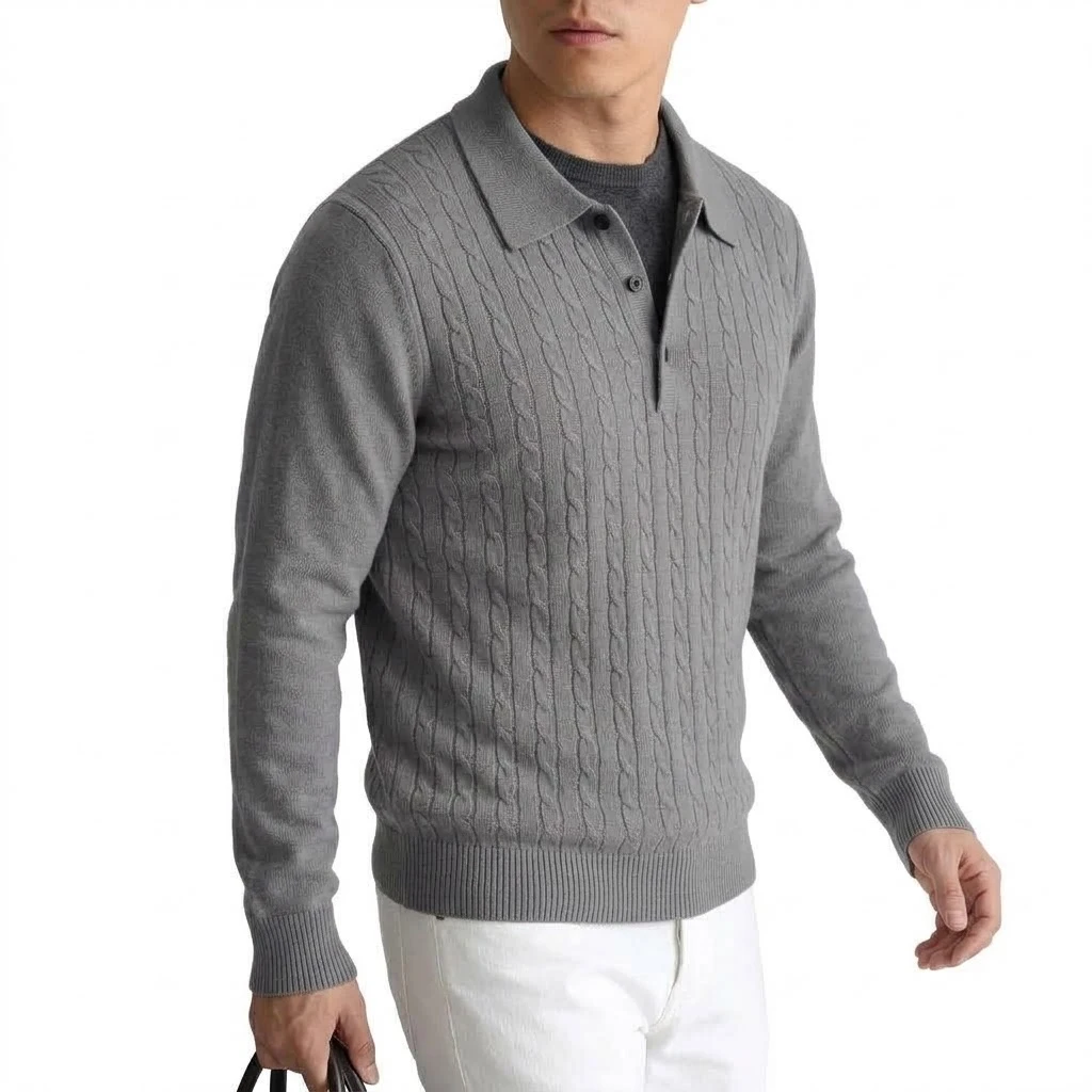 Neue Kabelstrick-Polopullover für Herren, Langarm, lässig, mit Knopfleiste, Vintage-Pulloverhemd, schmal geschnitten, gerippt, Winter-Reversoberteil – Detail 9
