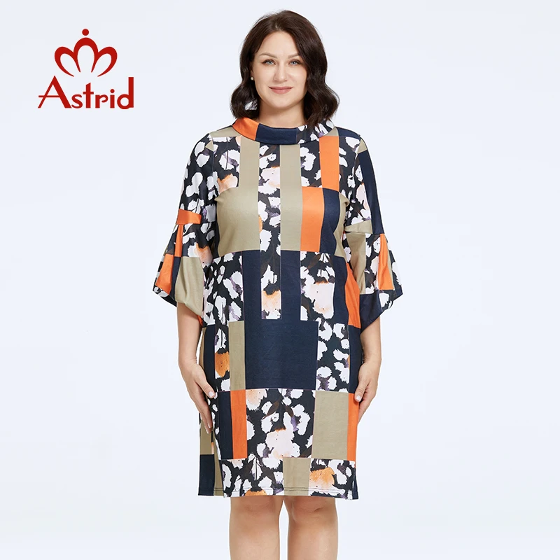 Astrid Women\'s Dresses 2023 Oversized Contrast Color Print Loose Ladies Midi Party Dresses Flared Sleeve Office Female Clothing