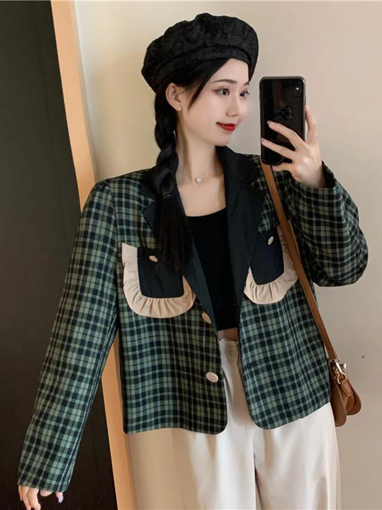 Jmprs Vintage Women Green Plaid Blazer Coat Elegant Korean Fall Winter Jacket Retro Long Sleeve All Match Office Lady Casual Top