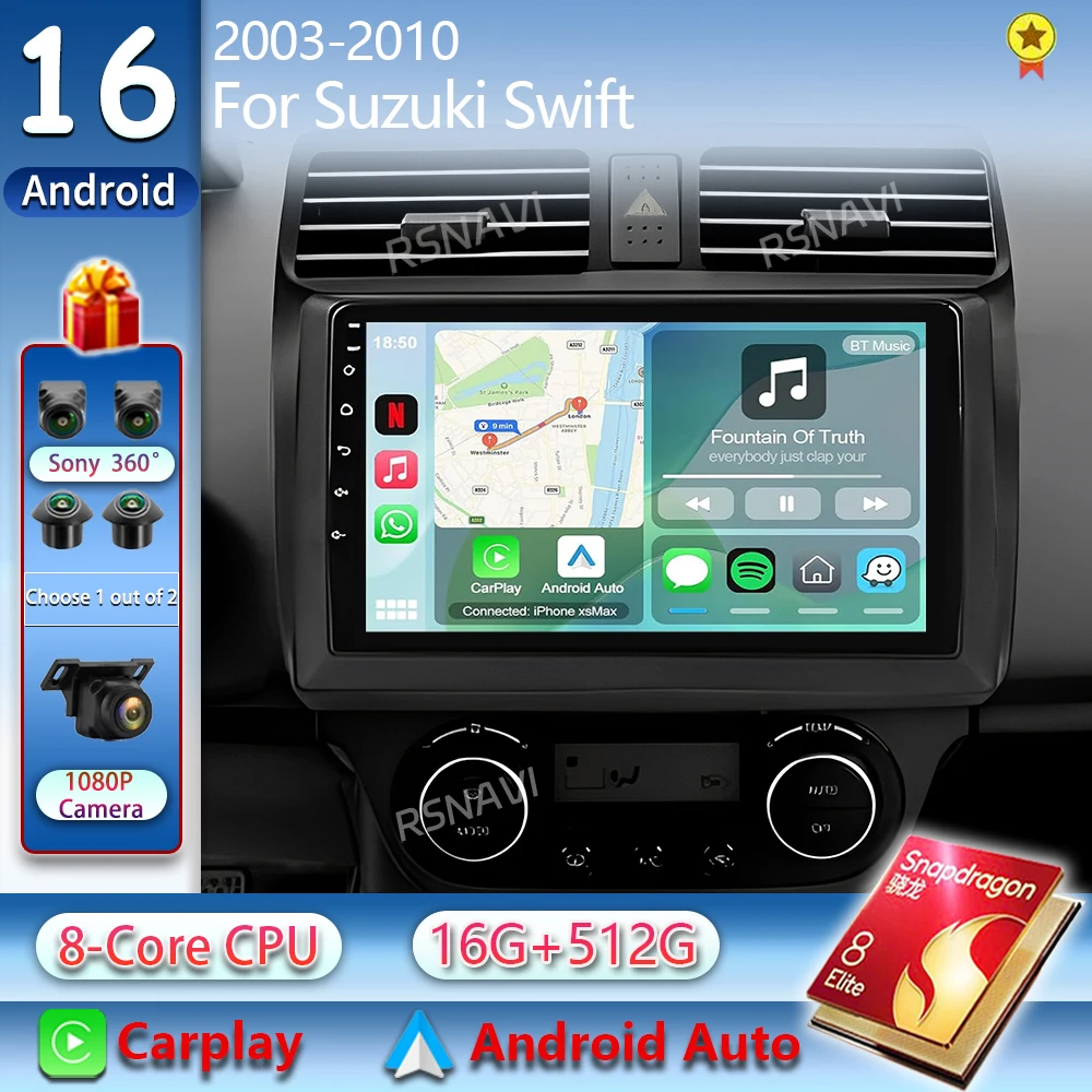 Android 16 Autoradio für Suzuki Swift 2003-2010 2K QLED Stereo Multimedia-Videoplayer GPS AI-Sprachsteuerung CarPlay Head Unit 4G DSP