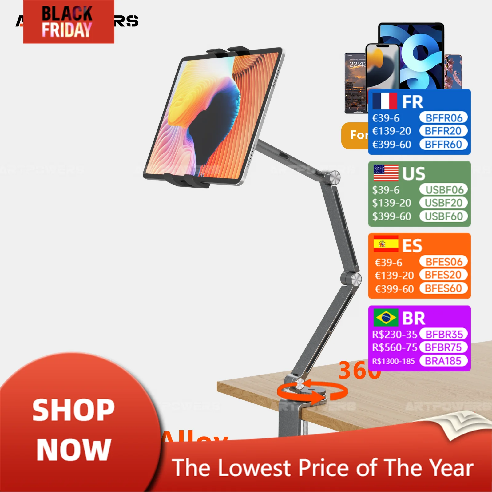 

Artpowers Universal Tablet Holder for iPad Air Pro Galaxy Tab Xiaomi Clip Mount Bed Tablet Phone Holder Flexible Magnetic Stand