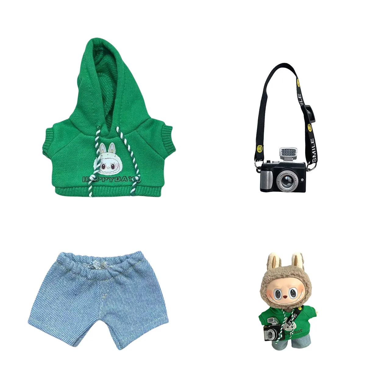 Vestiti per bambole Labubu da 17 cm: felpa con cappuccio con stampa battito cardiaco e set di abiti color macaron, note di traduzione chiave