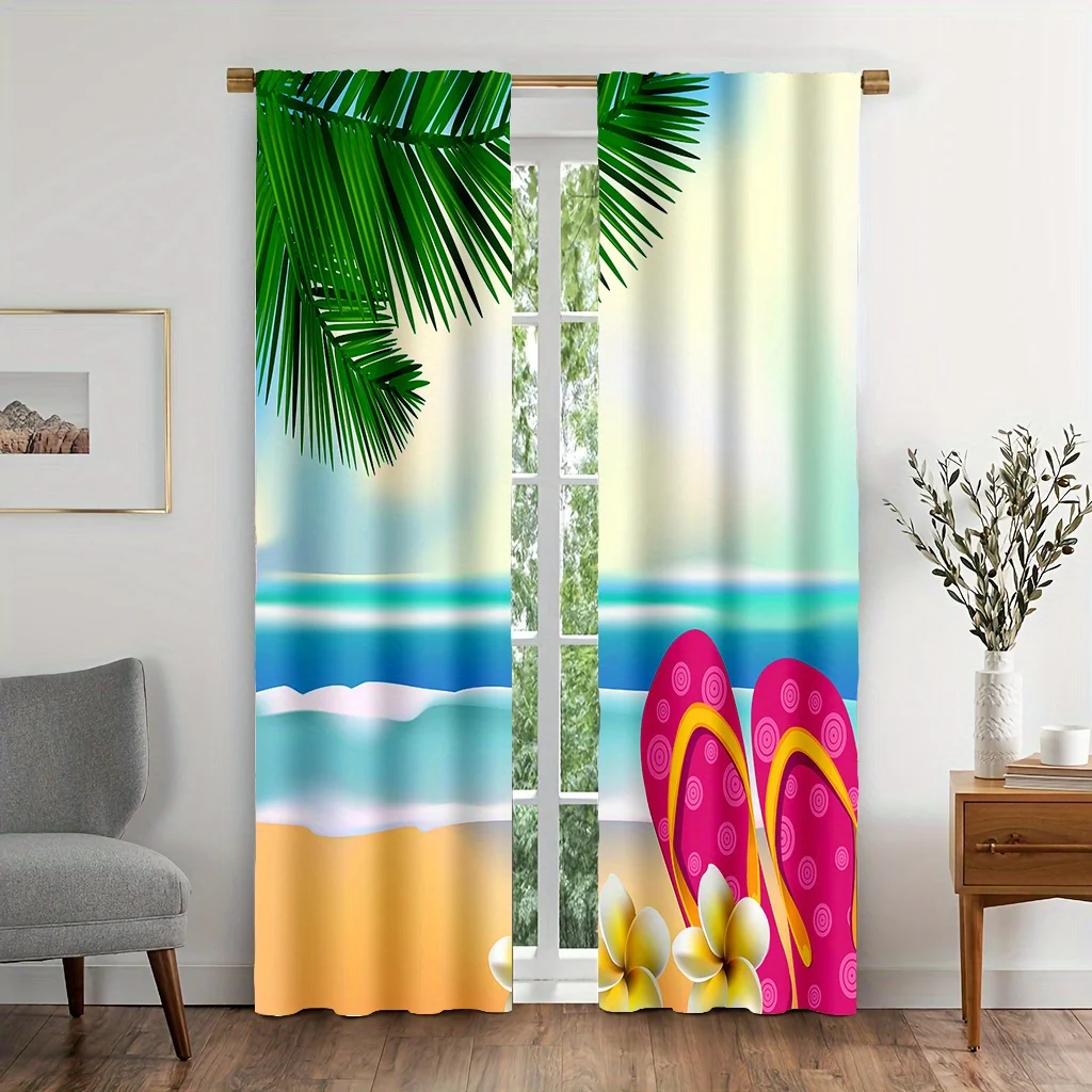 Tropical Beach Curtains, Palm Tree & Ocean View Drapes, Summer Seaside Print Window Treatment for Living Room, Blackout Fabric