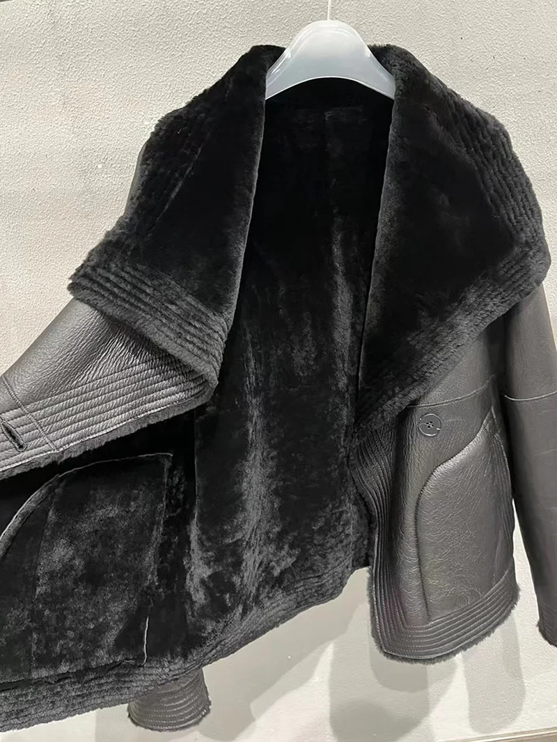 Phụ Nữ Mùa Đông Áo Da Da Cừu Thật Shearling Áo Khoác Chắc Chắn 2 Mặt Da Len Ấm Áp Overcoats 2022 Mới GT5083