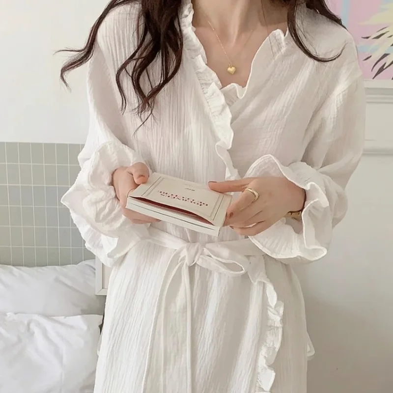 Women's Spring and Summer New Simple Long-Sleeved Robe Girls Sweet Ins Wind Ruffled Thin Section of Solid Color Pajamas Home Wea