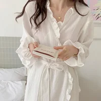 Women's Spring and Summer New Simple Long-Sleeved Robe Girls Sweet Ins Wind Ruffled Thin Section of Solid Color Pajamas Home Wea - Image 5