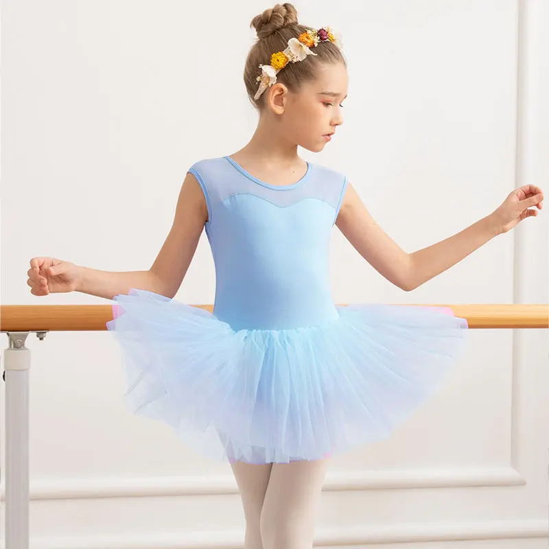 สาวบัลเล่ต์เต้นรําตาข่าย Splicing Leotard สําหรับสาวเต้นรํายิมนาสติกถัง Water-drop กลับ Tutu กระโปรง (เด็กวัยหัดเดิน/สาวน้อย)