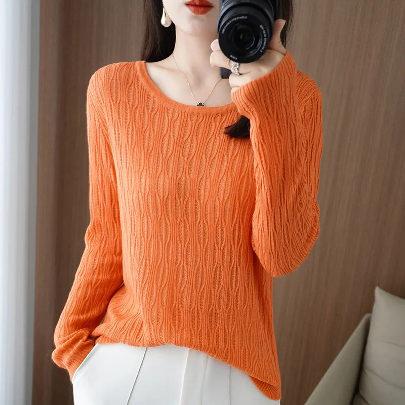 Autumn New Ladies Soft Breathable Sweater Wool Blend O-Neck Pullover Curved Hollow Out Knitted Sweater Slim-Fit Commuter Tops