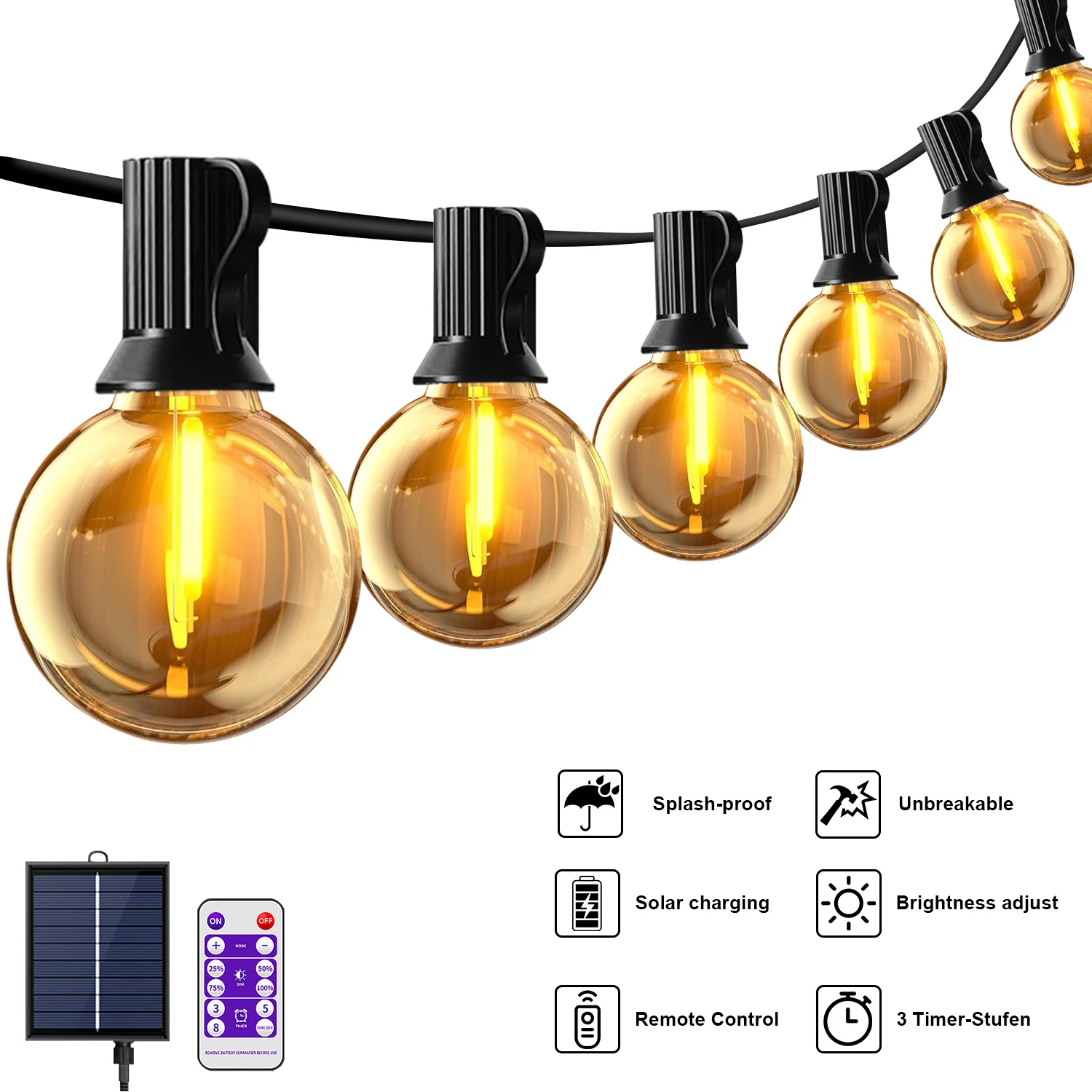 Lampki solarne Aiopp G40 z pilotem, timerem 3/5/8H, ściemnianiem i 8 trybami, nietłukące się lampy LED do zawieszenia, idealne na imprezy i do ogrodu.