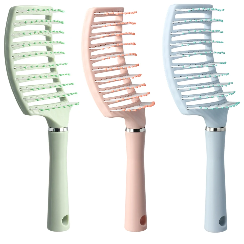 Curved Vented Massage Comb Styling Hair Brush Blue Pink Anti-Static Detangler Wet Or Dry Fast Blow Drying For Long Short Hair