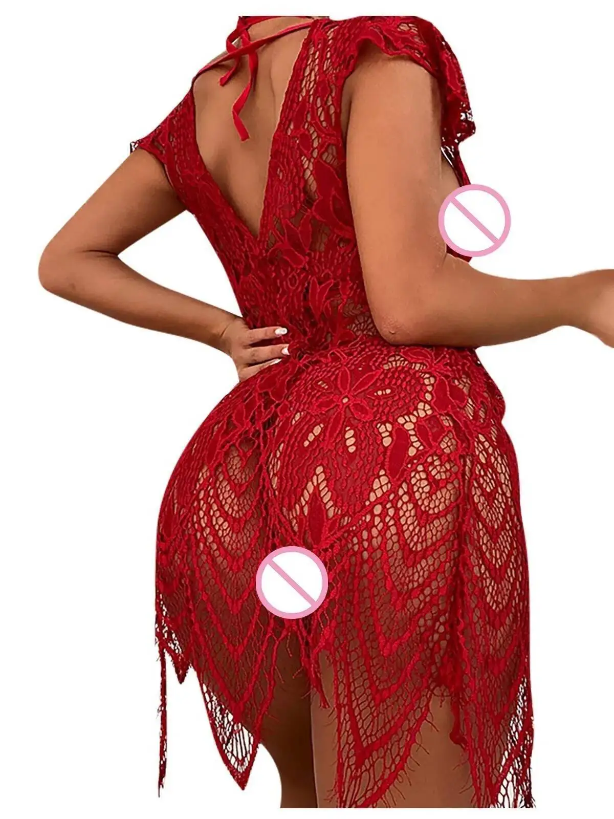 Vestido Sexy Casaul estilo puro deseo, vestido Sexy de encaje transparente con cuello colgante y hombros descubiertos, sin espalda, escote en V profundo sin mangas V0X5