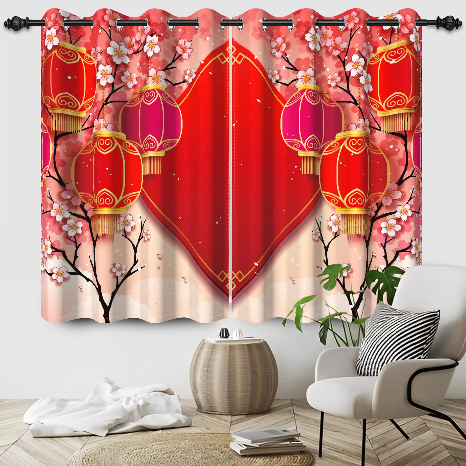 

2Pcs New Year Blackout Curtain Red Lantern Flowers Home Bedroom Living Room Darkening Noise Reduction Apartment Window Curtains